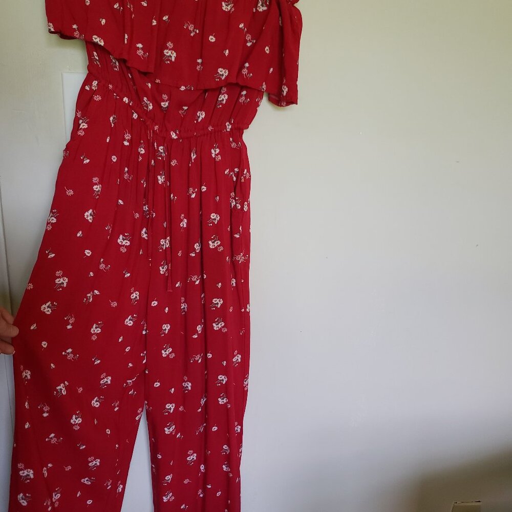 Hollister red with daisy print strapless jumpsuit